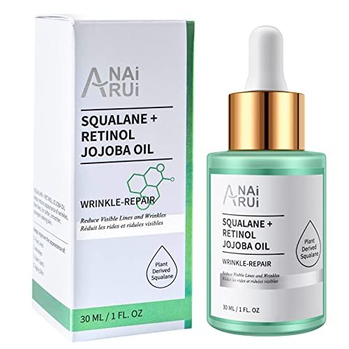 ANAiRUi Aceite de Jojoba, que contiene Retinol y Escualeno, 100% Puro, Natural y Prensado en Frío para Cabello, Cara, Cuerpo, Uñas, Jojoba Oil, Botella de Vidrio + Pipeta, 30ml