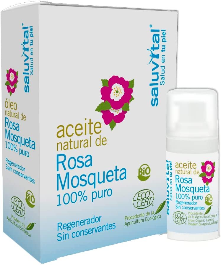 Saluvital Aceite de Rosa Mosqueta 100% Puro Orgánico Prensado en Frío con Certificado ECOCERT Tratamiento Para Cicatrices y cicatrices de acné y Estrías